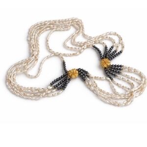 Vintage Multi Strand White Rice Pearl and Gray Hematite Necklace Marked Silver